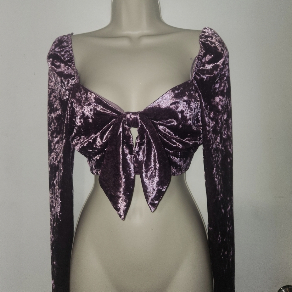 Purple Crushed Velvet Tie Front Long Sleeve- Size M/L
